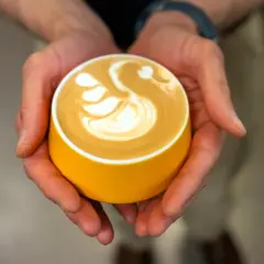 Dłonie trzymają żółtą filiżankę z latte art w kształcie łabędzia.
