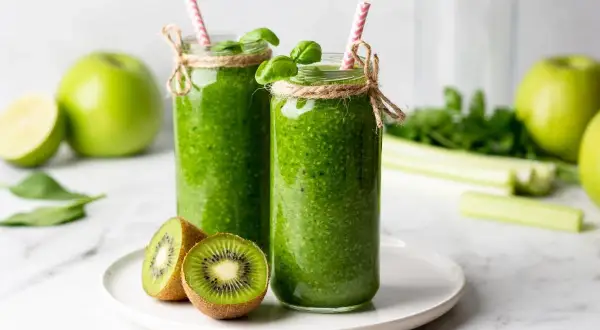 Dwa zielone koktajle w słoikach z kiwi, jabłkami i słomkami.
