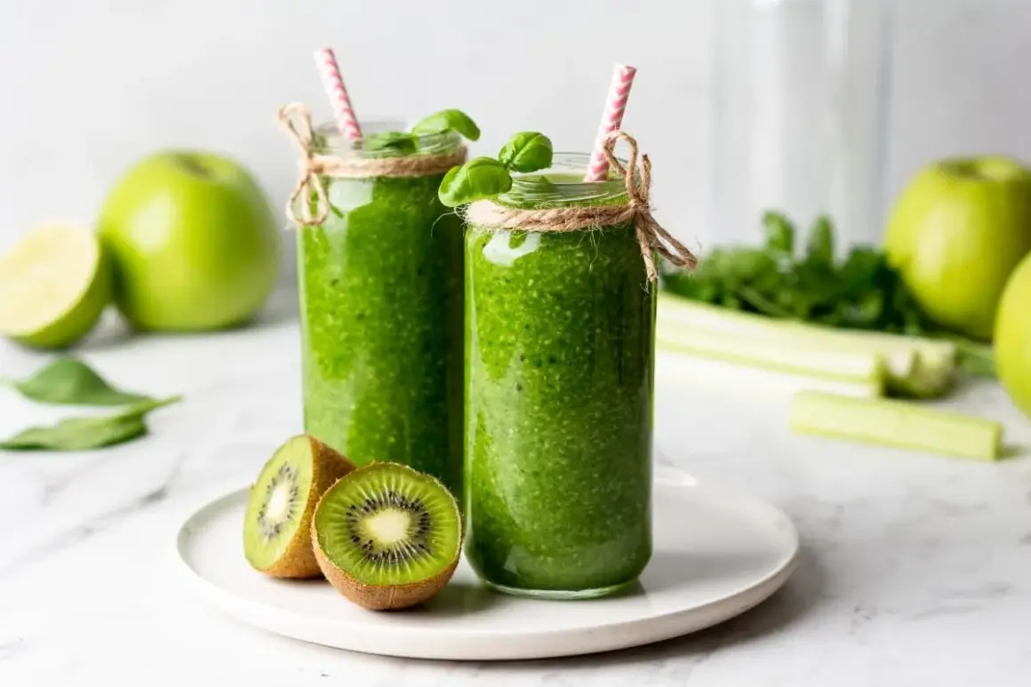 Dwa zielone koktajle w słoikach z kiwi, jabłkami i słomkami.